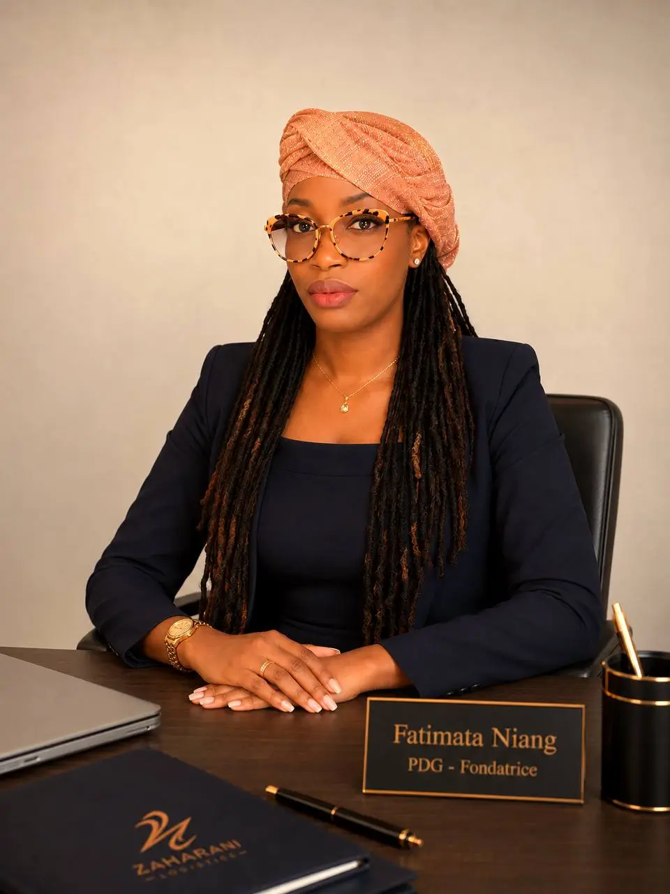 Portrait de la présidente-directrice générale et fondatrice de Zahrani Logistics dans son bureau
